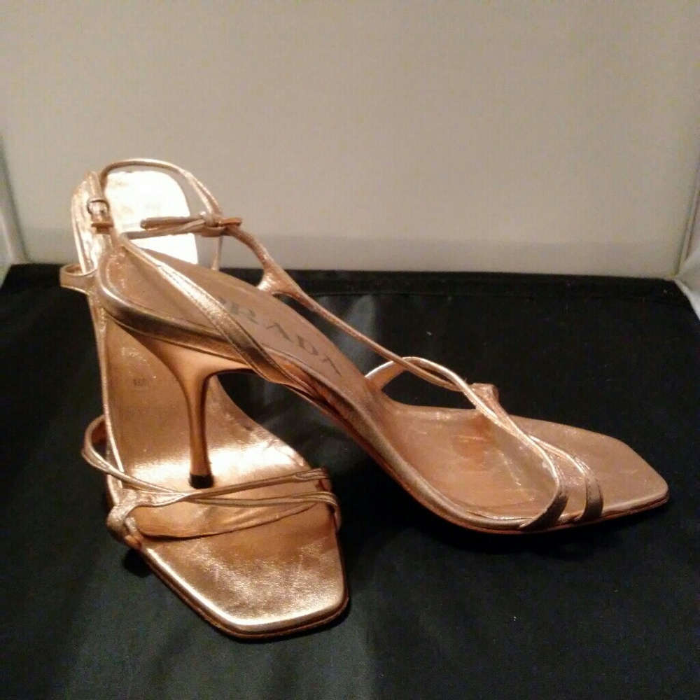 PRADA GOLD OPEN TOE HIGH HEELS